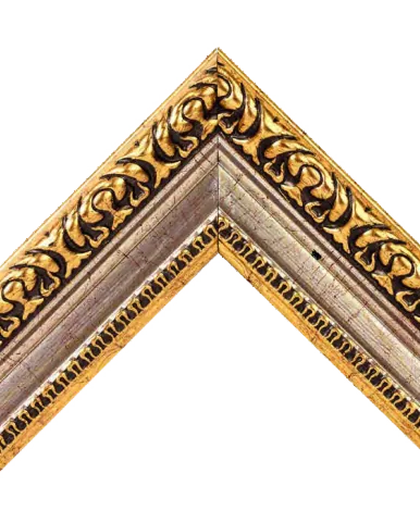 Esquina de la moldura 1-CH de la colección MILAGROS: oro y plata labrados, 4.3 cm de ancho